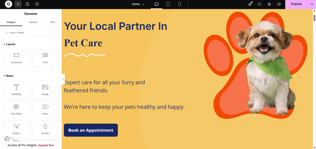 Using Elementor to build Pet Pals Animal Clinic website