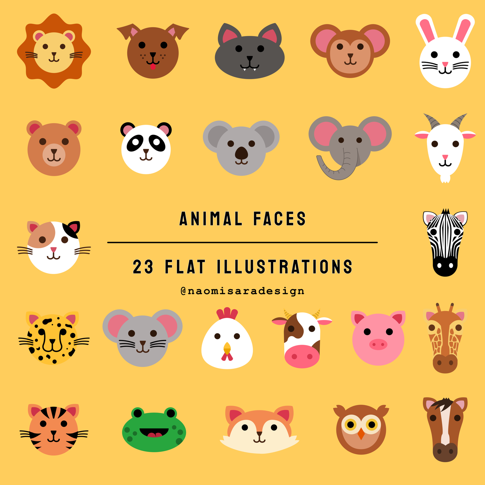 23 flat illustrations of animal faces