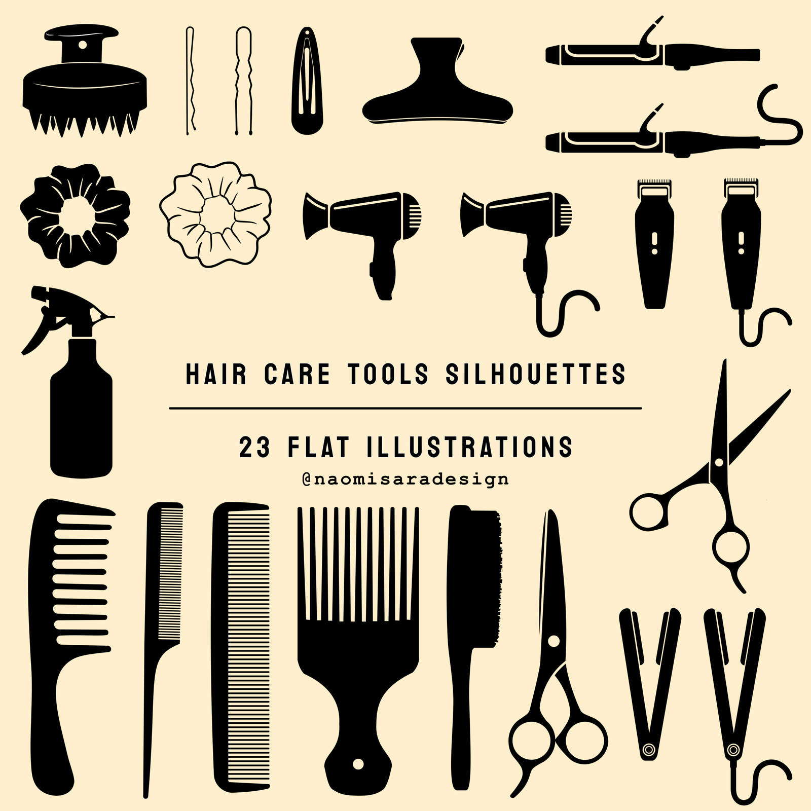 23 flat illustrations of hair care tools silhouettes